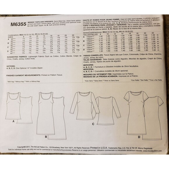 Misses Top and Dresses Sewing Pattern McCalls M6355, Size 8, 10, 12, 14, 16 - Picture 3 of 6